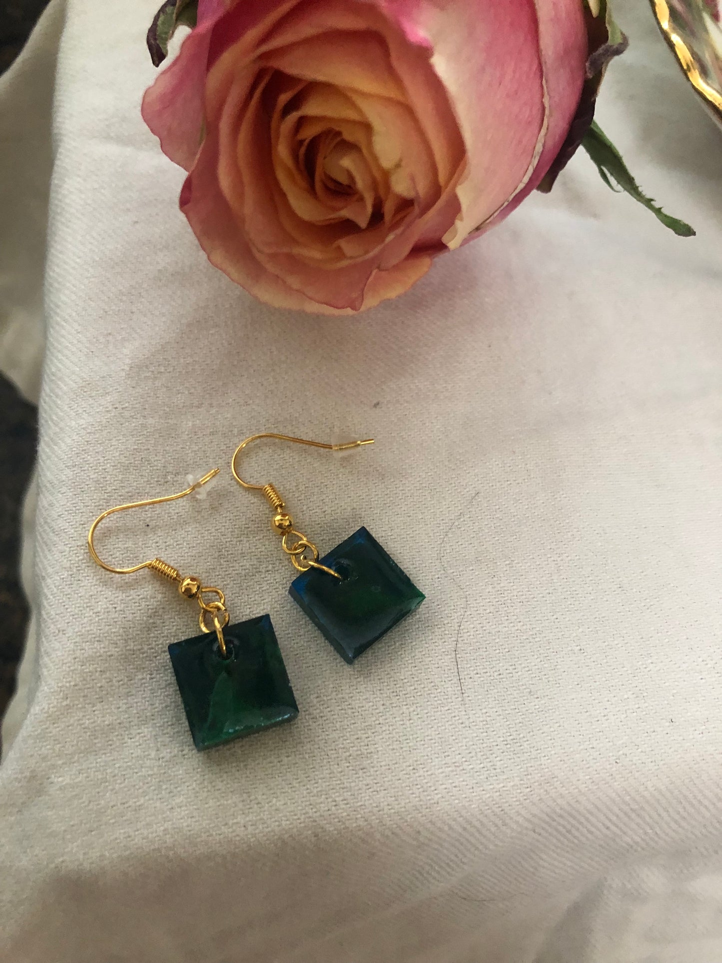 Square Green and Blue Dangle Earrings