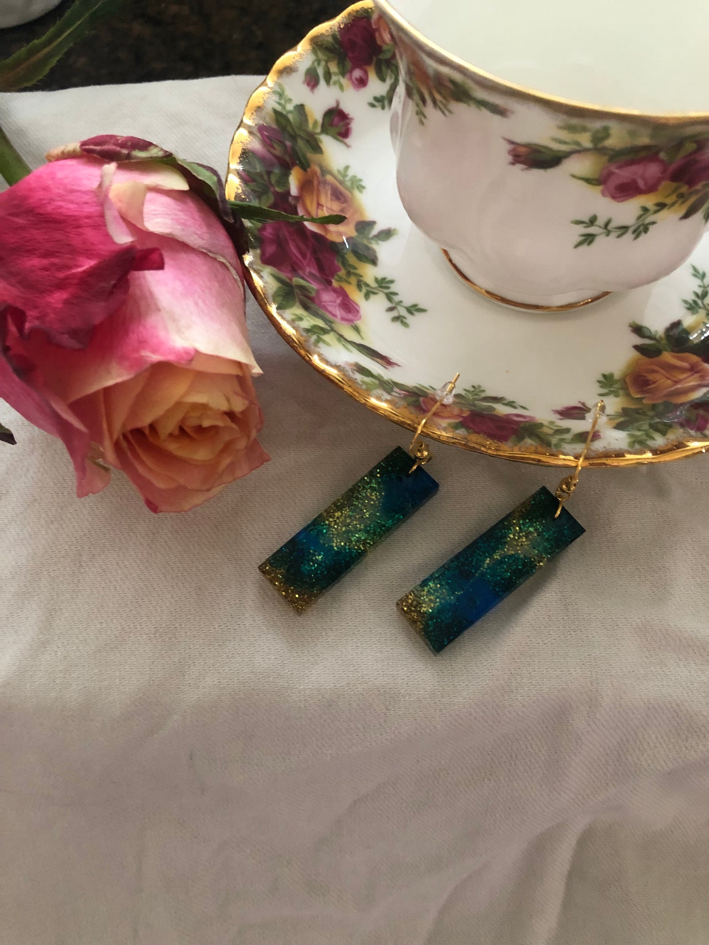 Blue and Gold Rectangle Dangle Earrings.