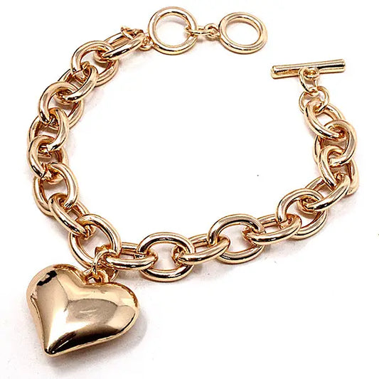 Puffed Heart Charm Toggle Bracelet